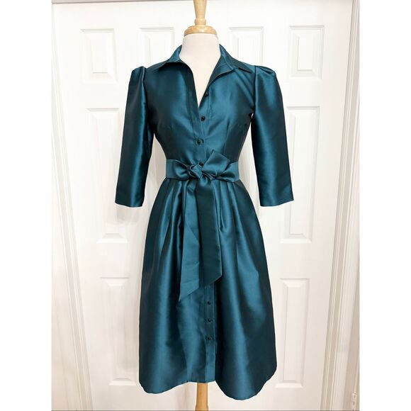 Ecaille Dresses & Skirts - Ecaille Paris Teal 3/4 Sleeve Tie Waist Taffeta Midi A-Line Shirt Dress Size 6